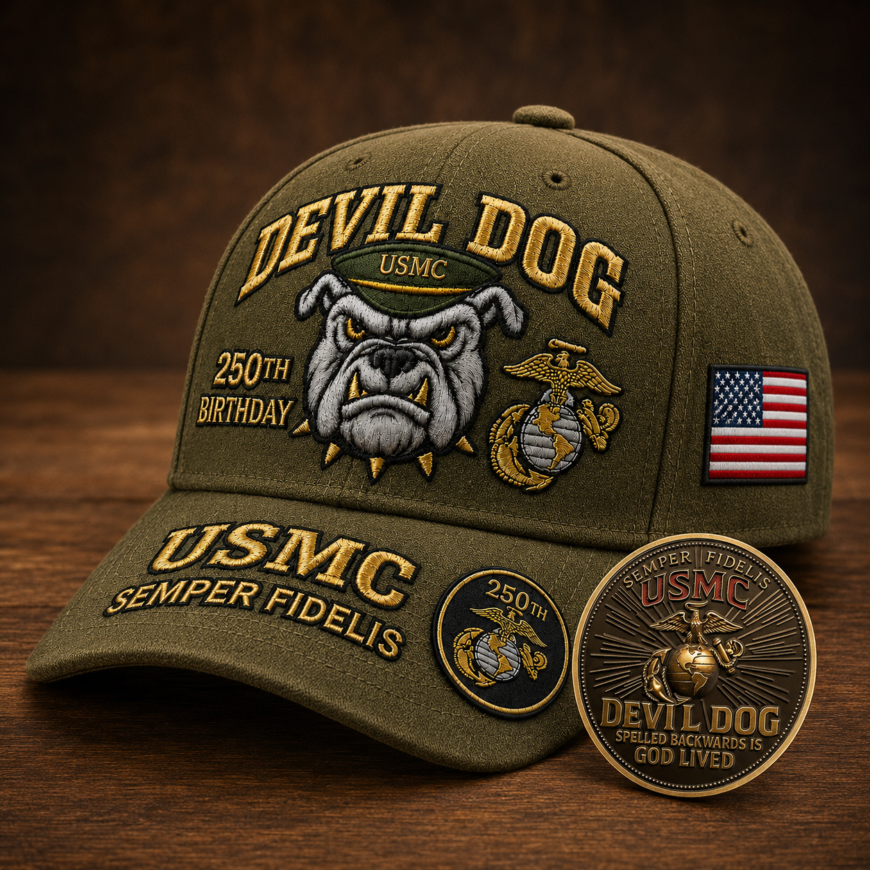 ❤️Devil Dog USMC 250th Birthday Commemorative Embroidered Cap 🇺🇸 🎁 Free Honor Coin With Every Cap Purchase