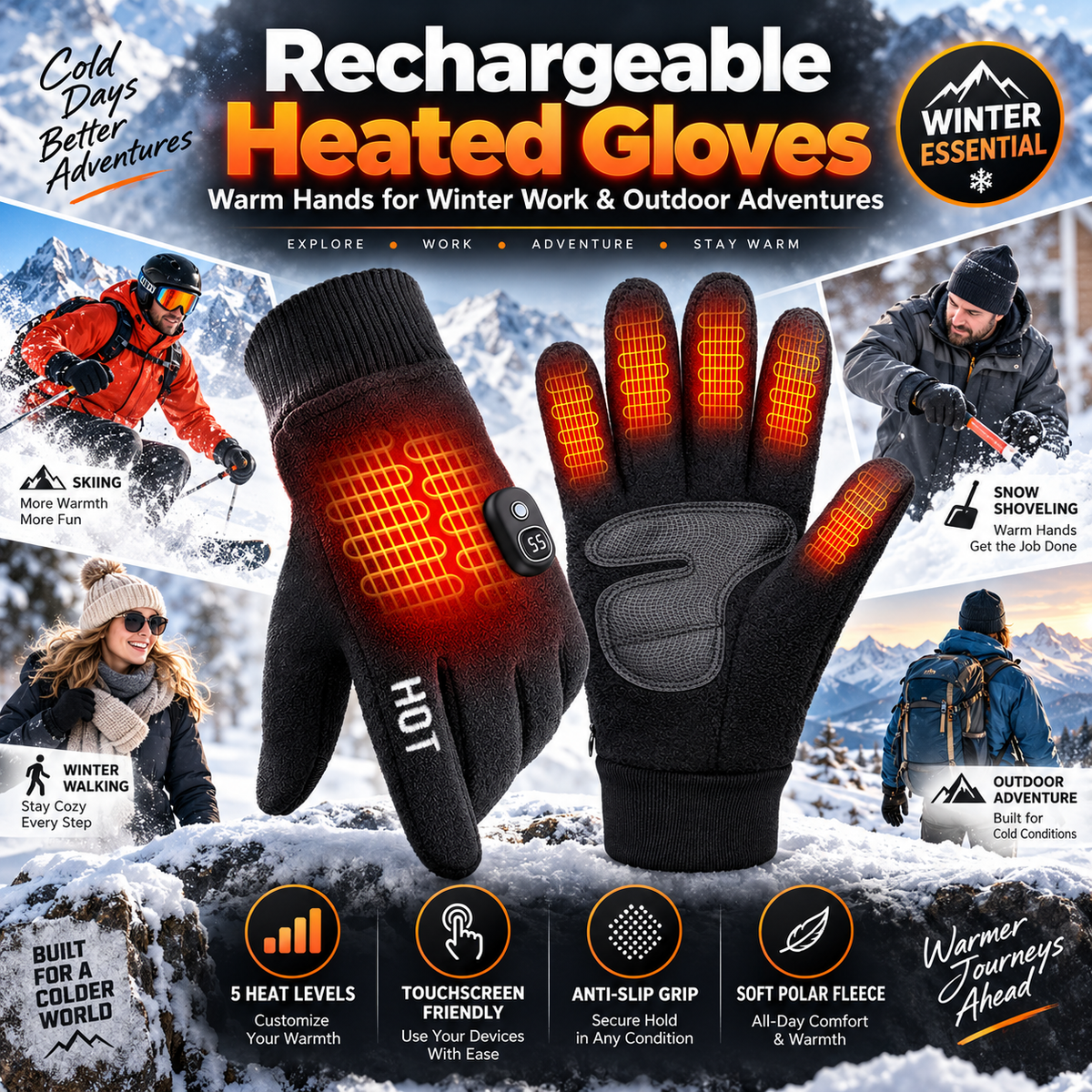 Rechargeable Electric Heated Gloves with Soft Warm Fleece & Display