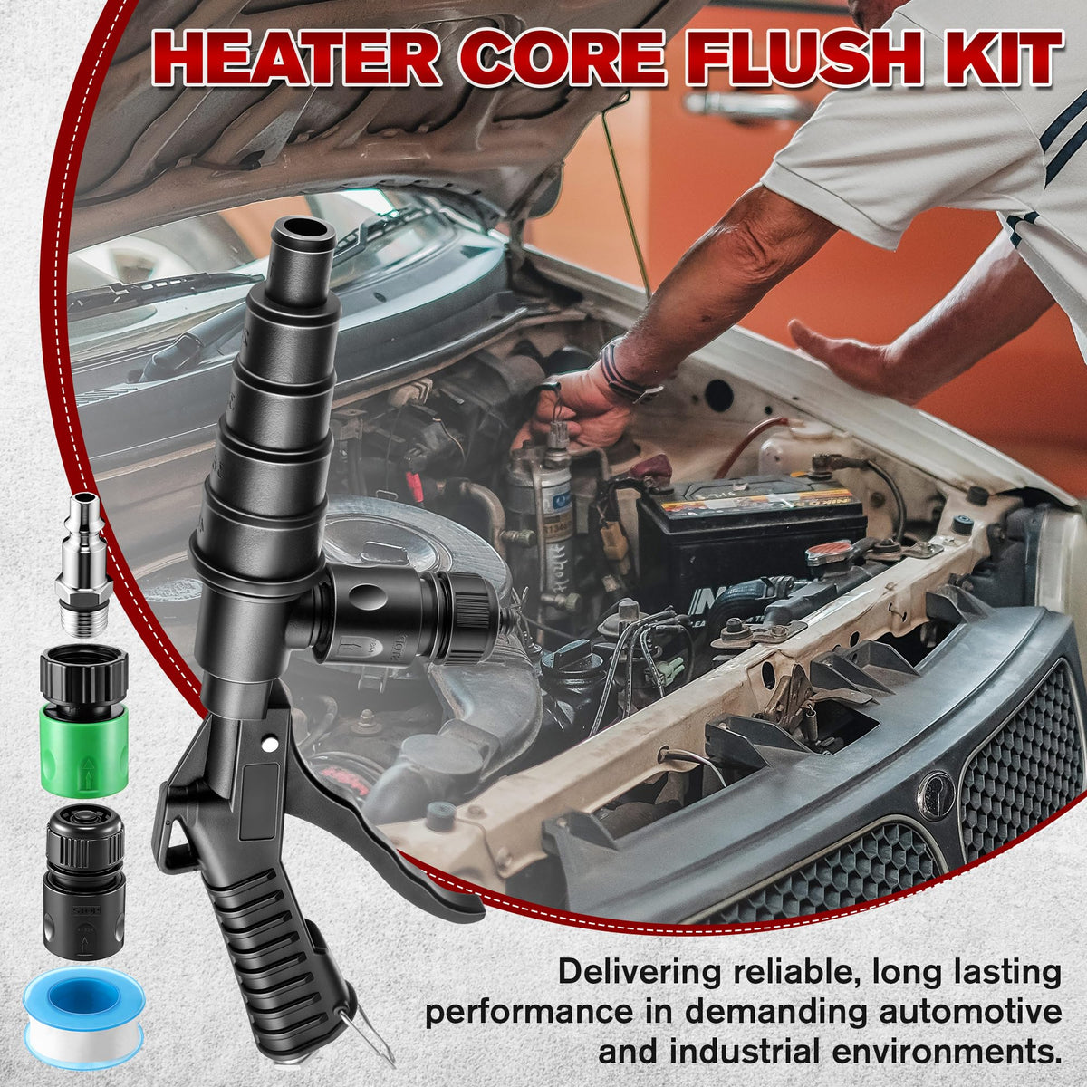 Coolant System Flush Gun, Lever Action Heater Core Flush Kit, Radiator/Cooling System Flusher, Air and Water Combo Flushing Set with Nozzles for 19-40 mm Hoses
