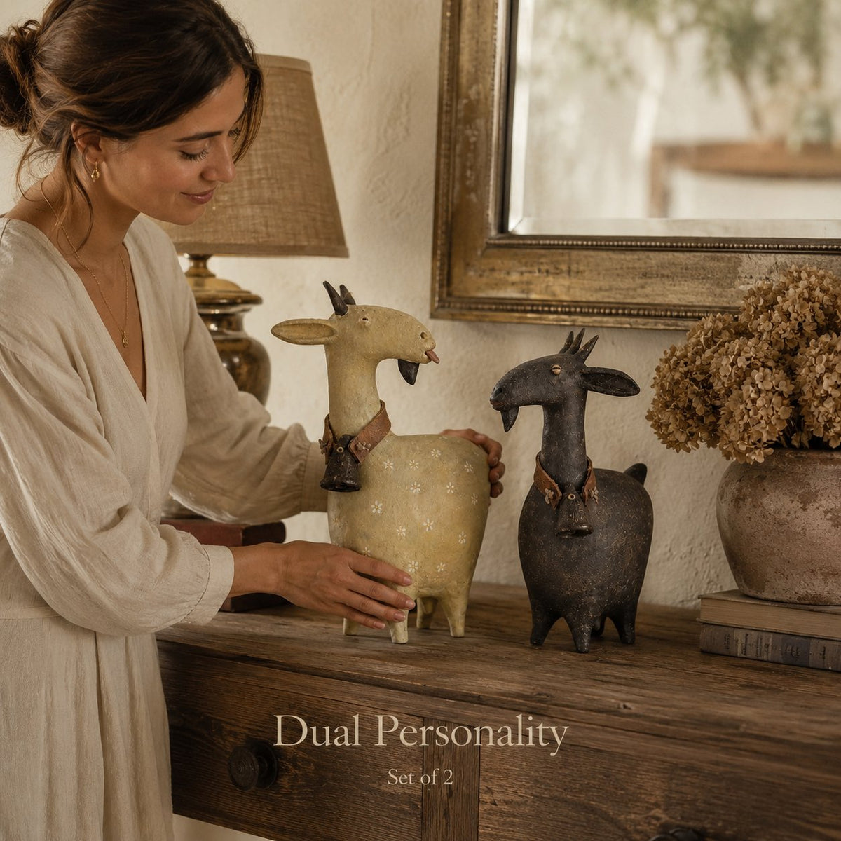 Whimsical farmhouse goat figurines