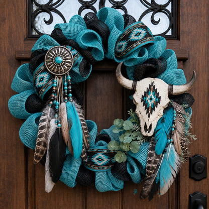 Southwestern Spirit Handcrafted Wreath – Rustic Longhorn Skull & Feather Door Décor
