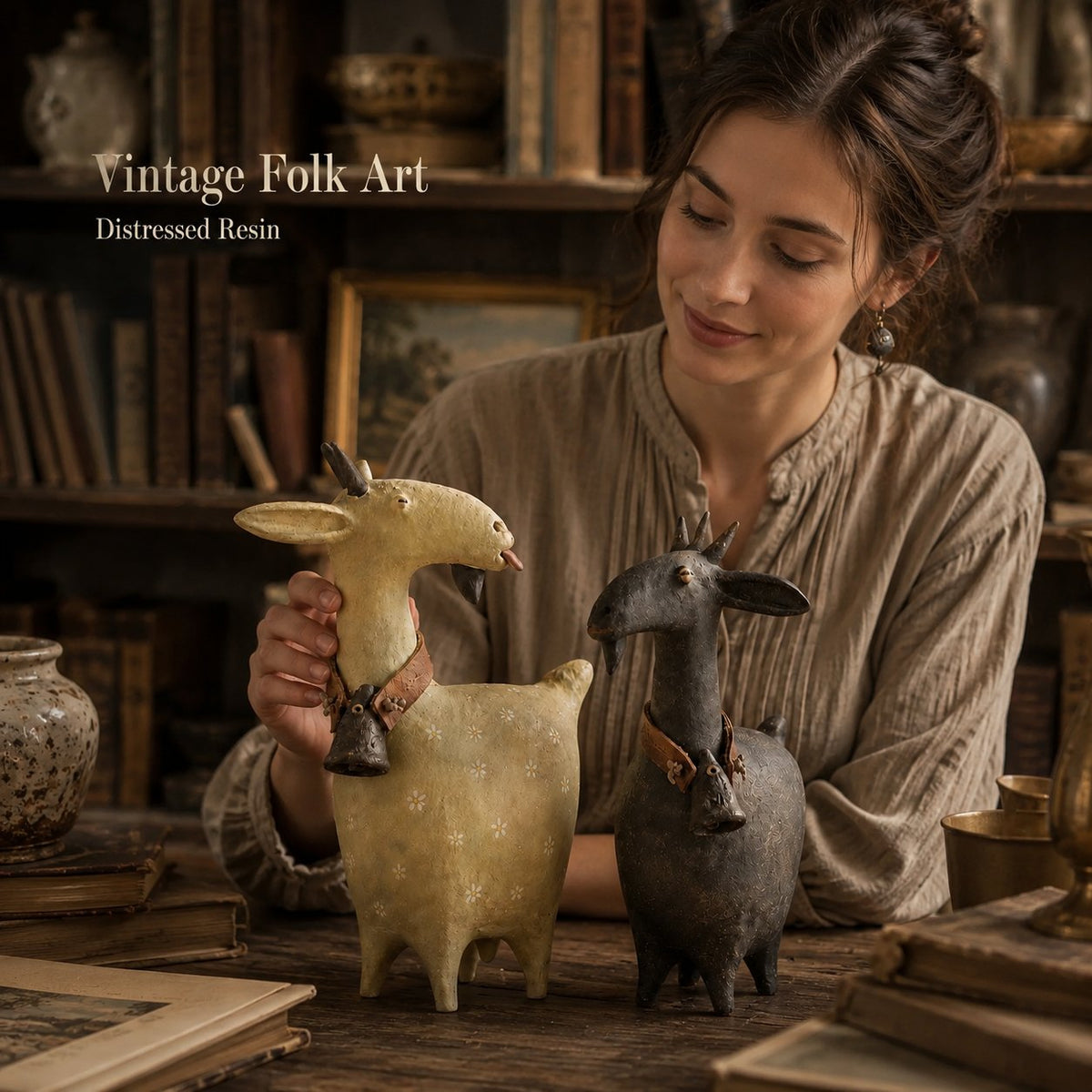 Vintage folk art goat figurines