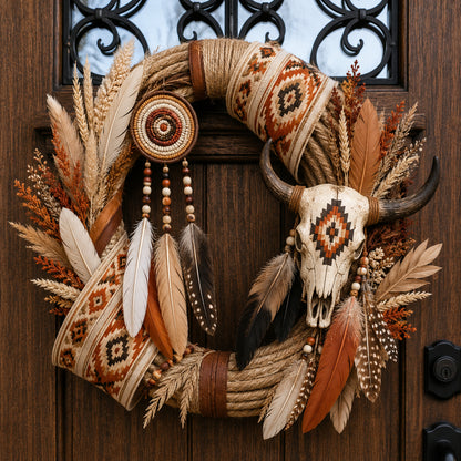 Southwestern Spirit Handcrafted Wreath – Rustic Longhorn Skull & Feather Door Décor