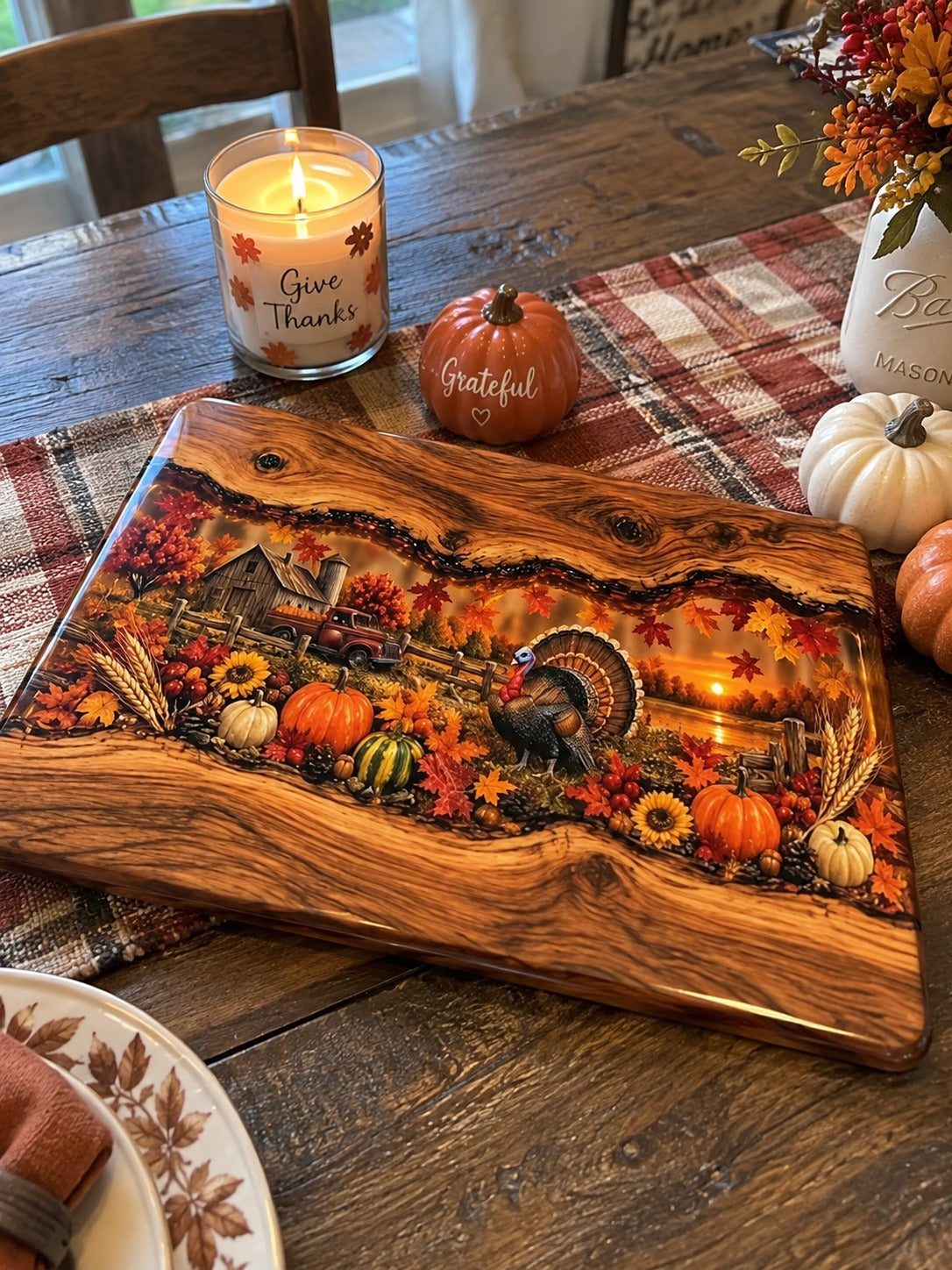 🍂Handmade Harvest Ember Wood & Resin Board – Autumn Charcuterie & Thanksgiving Decor - 🔥Only 7 Left