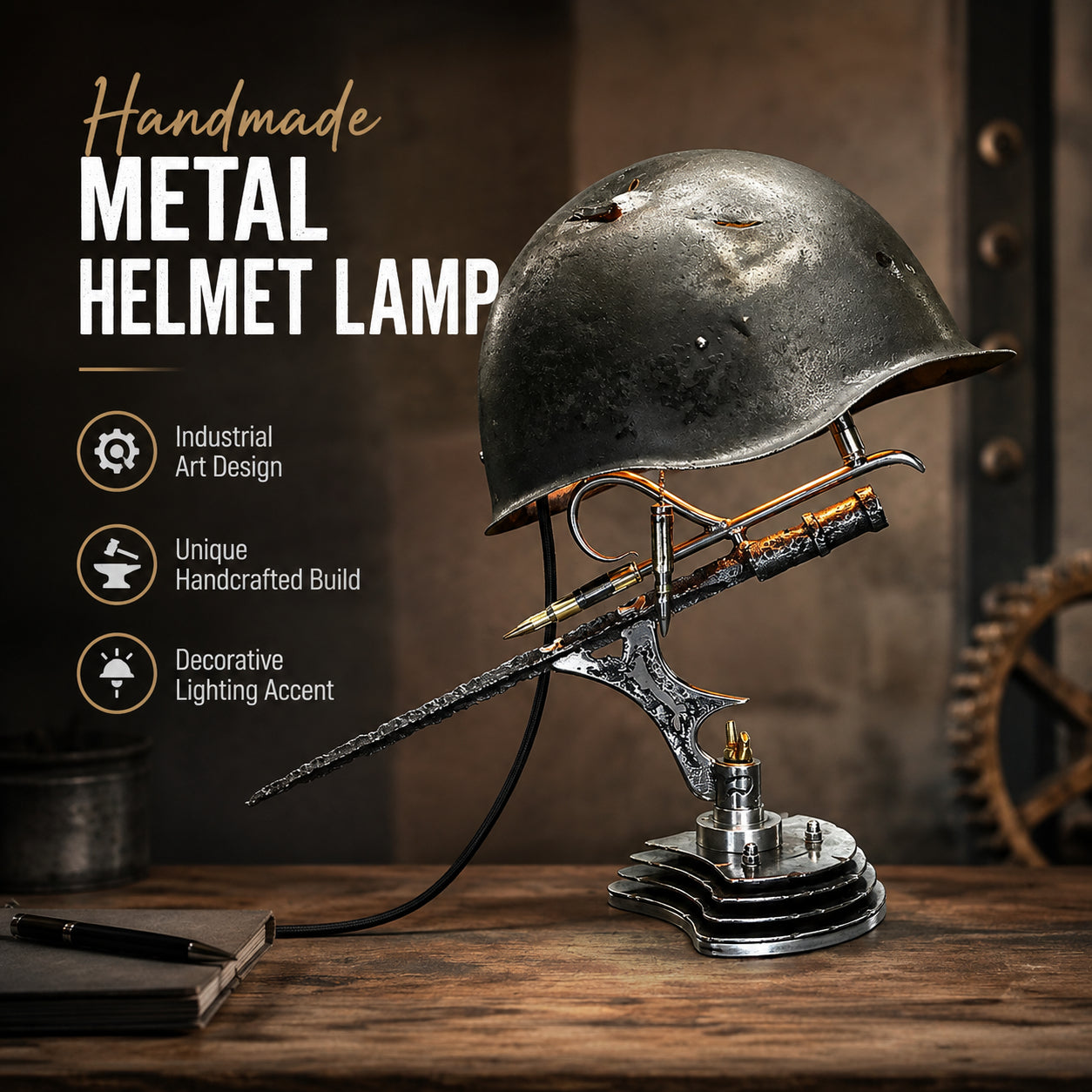 ⏰ 49% OFF Today Only! – 💡 War Relic Vintage Helmet Table Lamp
