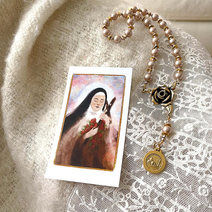 🌹 St. Thérèse “Little Flower” Rose Novena Chaplet – Blush Pearl Prayer Beads