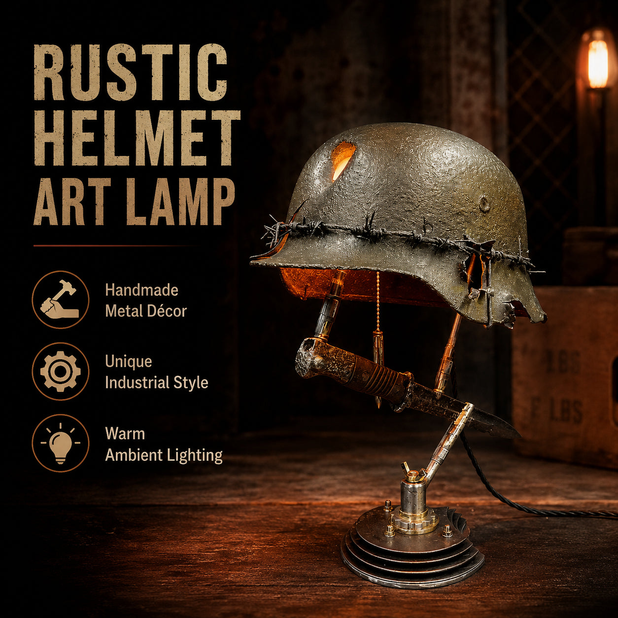 ⏰ 49% OFF Today Only! – 💡 War Relic Vintage Helmet Table Lamp
