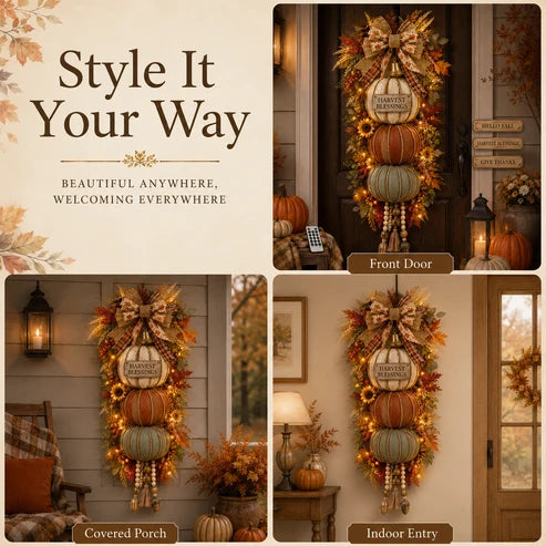 🏡🎃Lighted Stacked Pumpkin Fall Door Decor with 3 Seasonal Plaques