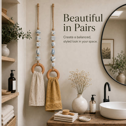 Coastal Blue Beaded Towel Hanger with Wooden Ring