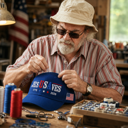 Jesus Saves USA 250th Anniversary Hand-Embroidered Patriotic Cap - Made By Robert Smith