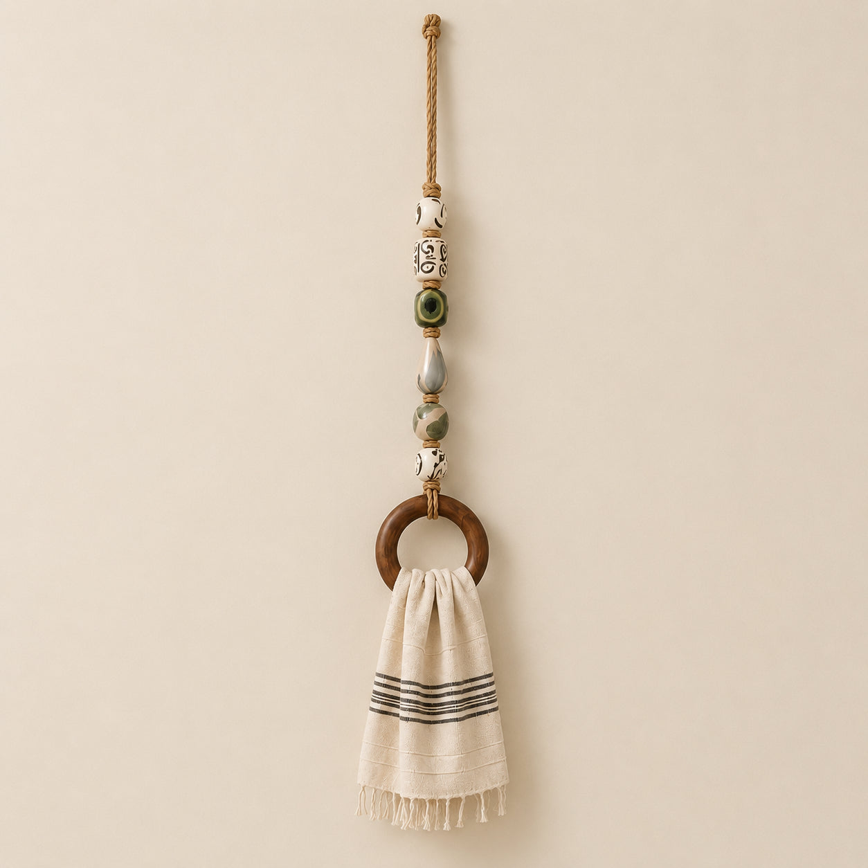 Coastal Blue Beaded Towel Hanger with Wooden Ring