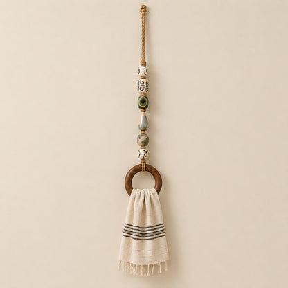 Coastal Blue Beaded Towel Hanger with Wooden Ring