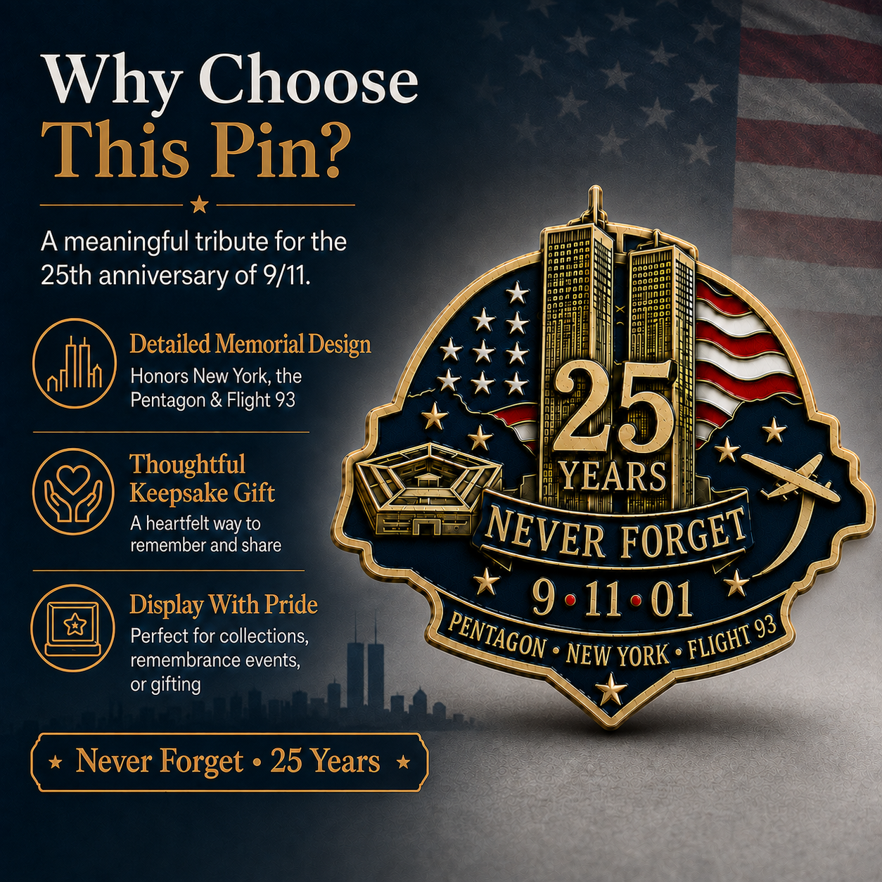 🕯️ 9/11 "New York • Pentagon • Flight 93" 25th Anniversary Remembrance Pin