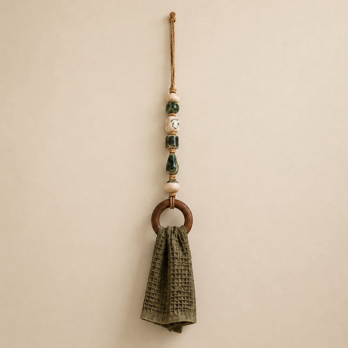 Coastal Blue Beaded Towel Hanger with Wooden Ring
