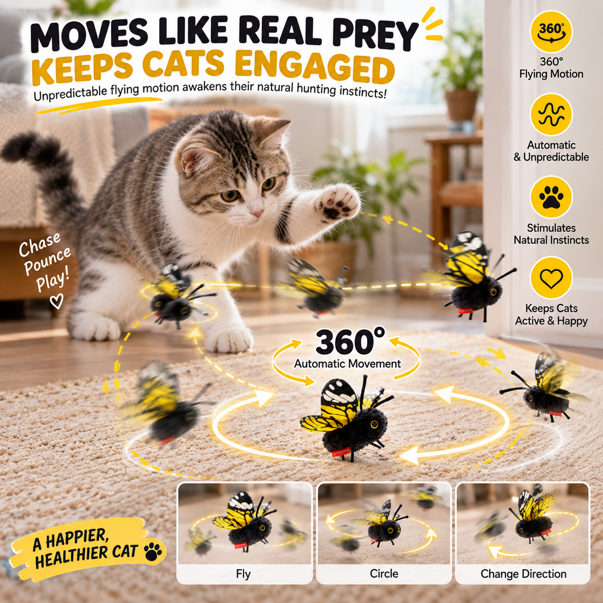Interactive Electric Butterfly & Bluebird Cat Toy - 3 Flying Modes USB Rechargeable Teaser