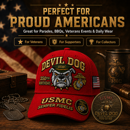 ❤️Devil Dog USMC 250th Birthday Commemorative Embroidered Cap 🇺🇸 🎁 Free Honor Coin With Every Cap Purchase