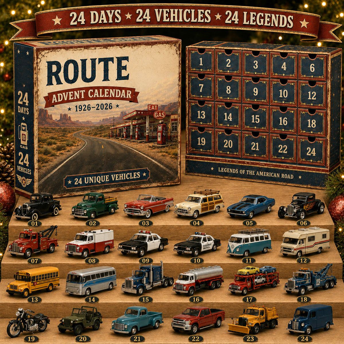 🎉🇺🇸 Limited Edition! 🔥🎁✨ Route 66 Centennial Advent Calendar – 24 Days of American Road Legends | 1926–2026 Collector’s Edition