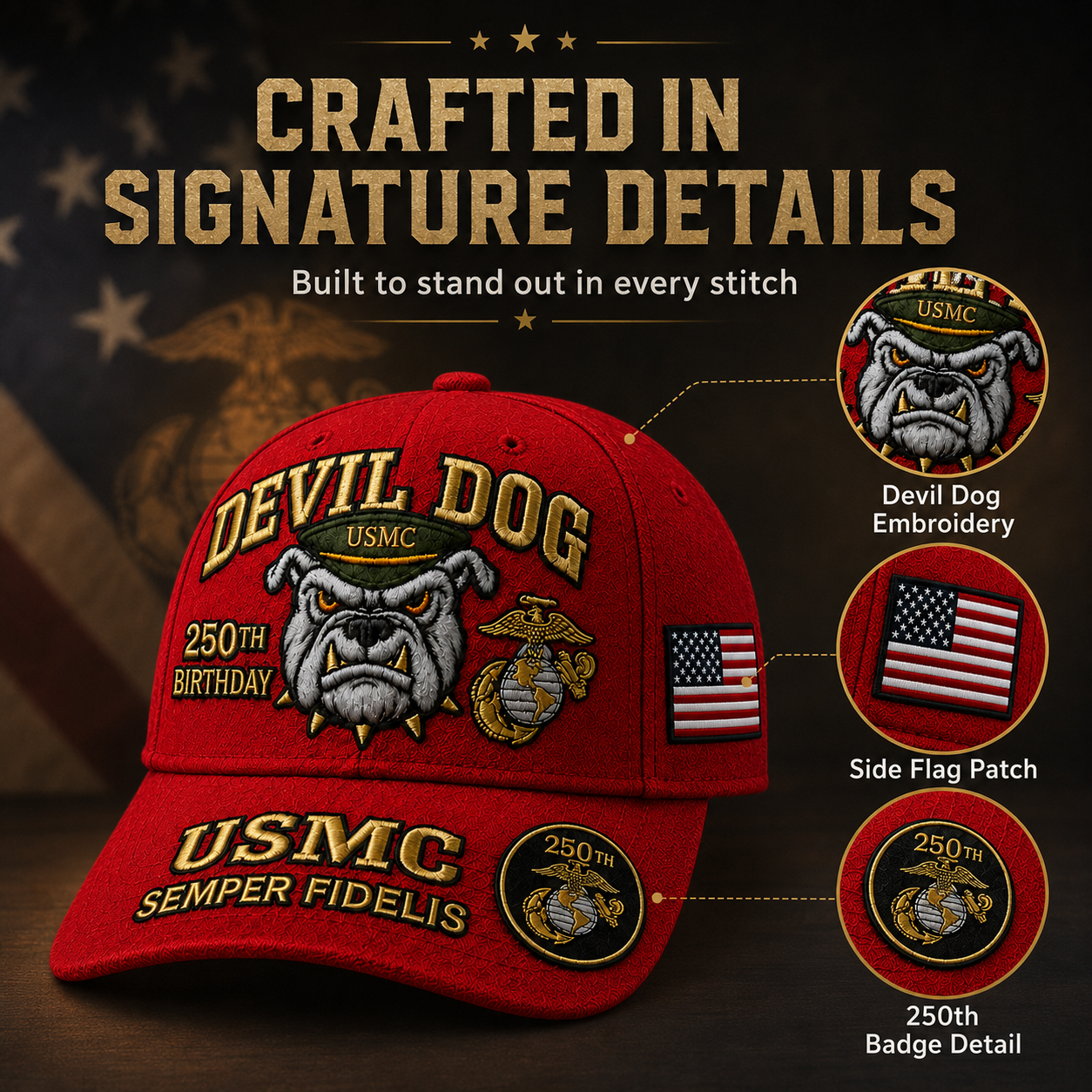 ❤️Devil Dog USMC 250th Birthday Commemorative Embroidered Cap 🇺🇸 🎁 Free Honor Coin With Every Cap Purchase
