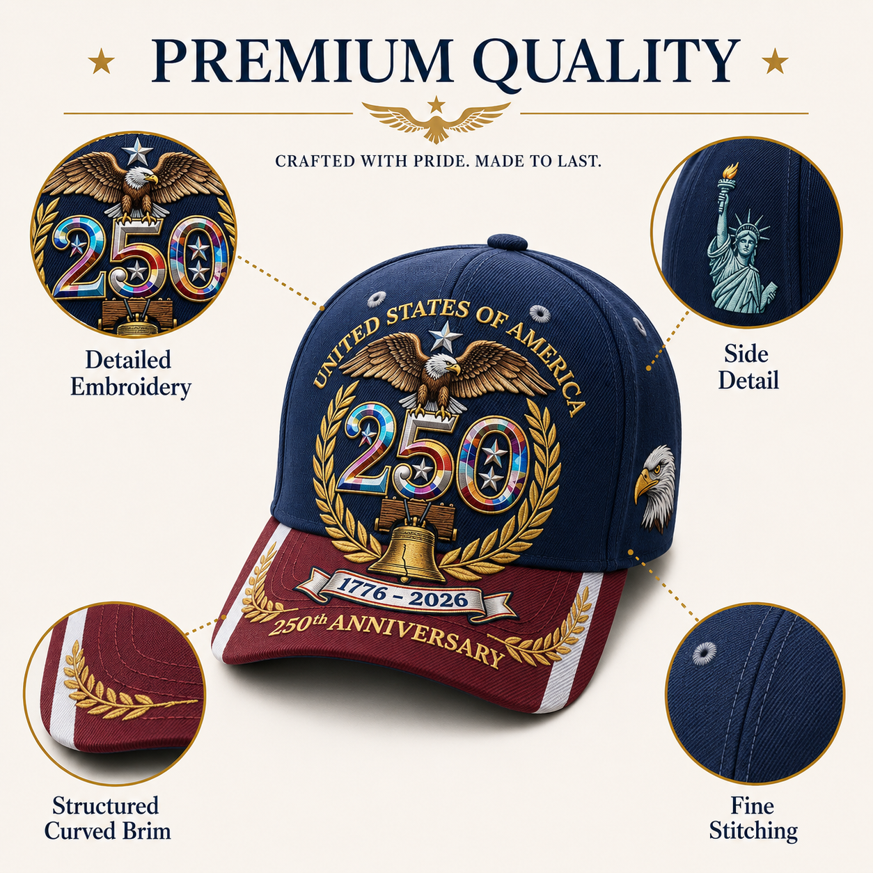 UNITED STATES OF AMERICA 250TH ANNIVERSARY LIMITED EDITION CAP 🎁 Free 250th Anniversary Commemorative Coin With Every Cap Purchase