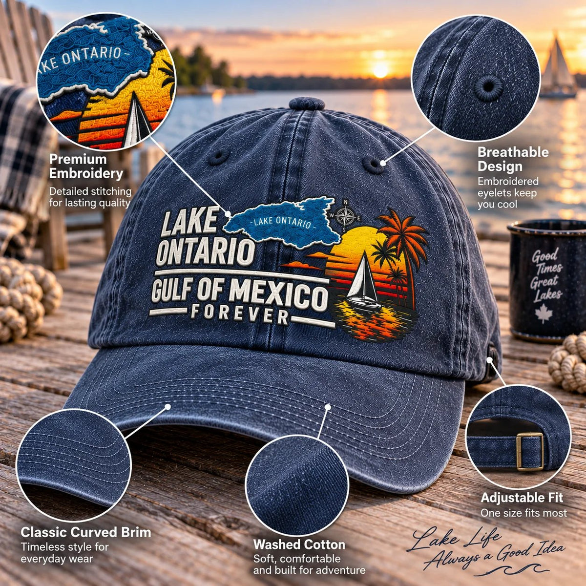 🔥LAST DAY 50% OFF - 🍁🌊Lake Ontario & Gulf Forever Vintage Embroidered Cap (🧢100% Cotton)