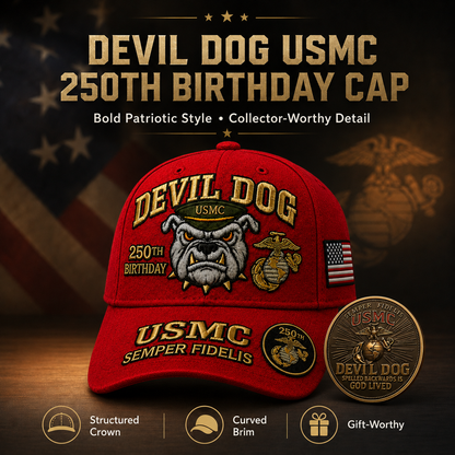 ❤️Devil Dog USMC 250th Birthday Commemorative Embroidered Cap 🇺🇸 🎁 Free Honor Coin With Every Cap Purchase