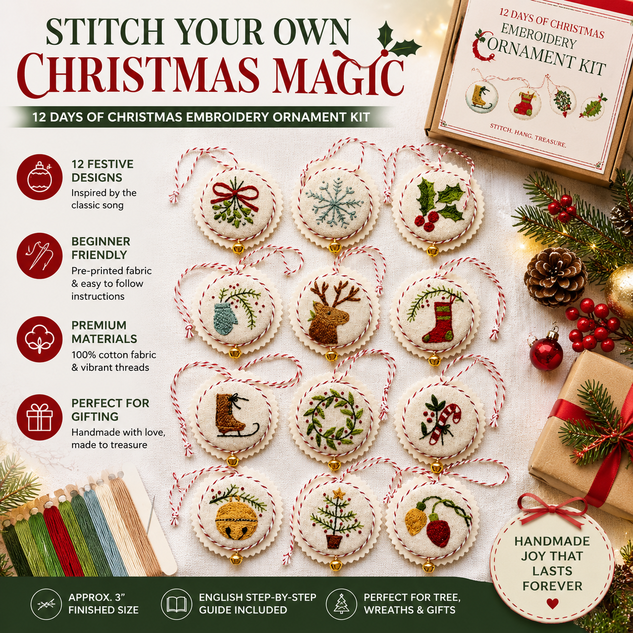 🎄 12 Days of Christmas Embroidery Ornament Kit