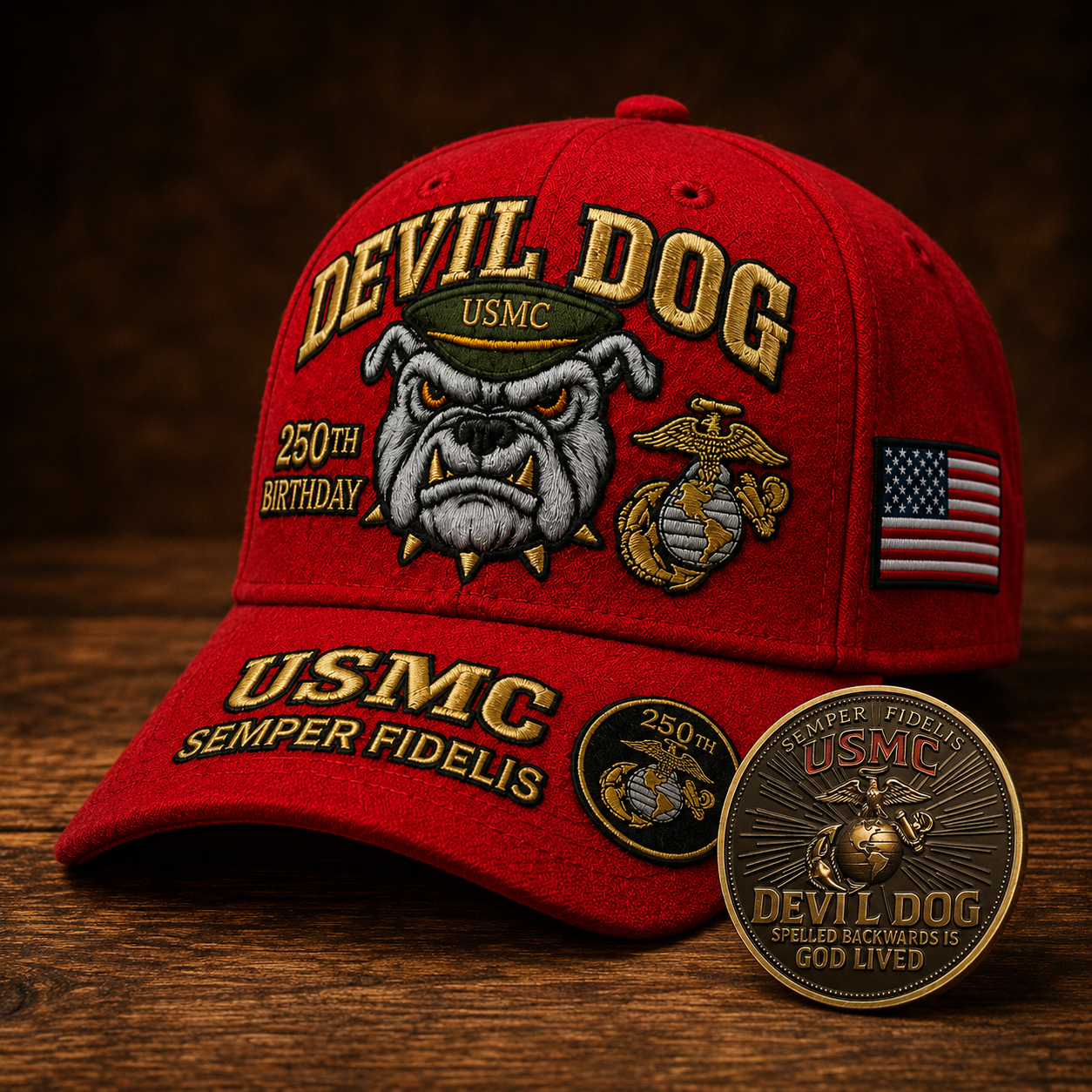 ❤️Devil Dog USMC 250th Birthday Commemorative Embroidered Cap 🇺🇸 🎁 Free Honor Coin With Every Cap Purchase