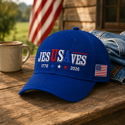 Jesus Saves USA 250th Anniversary Hand-Embroidered Patriotic Cap - Made By Robert Smith