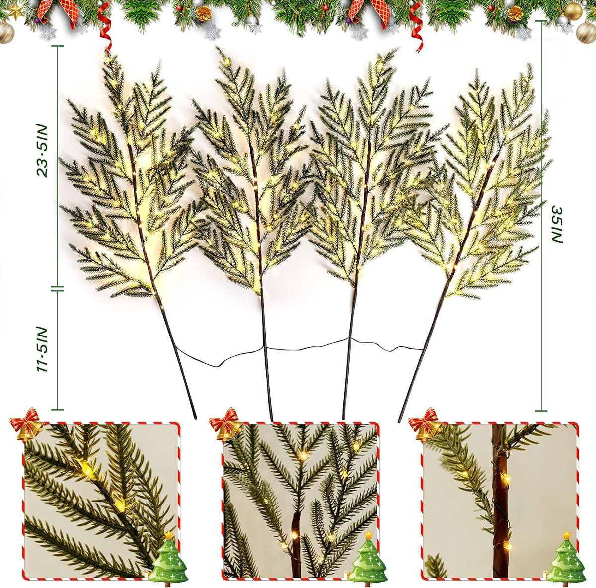 4 Pcs Lighted Norfolk Pine Branches for Vase 35"Artificial Pine Branches