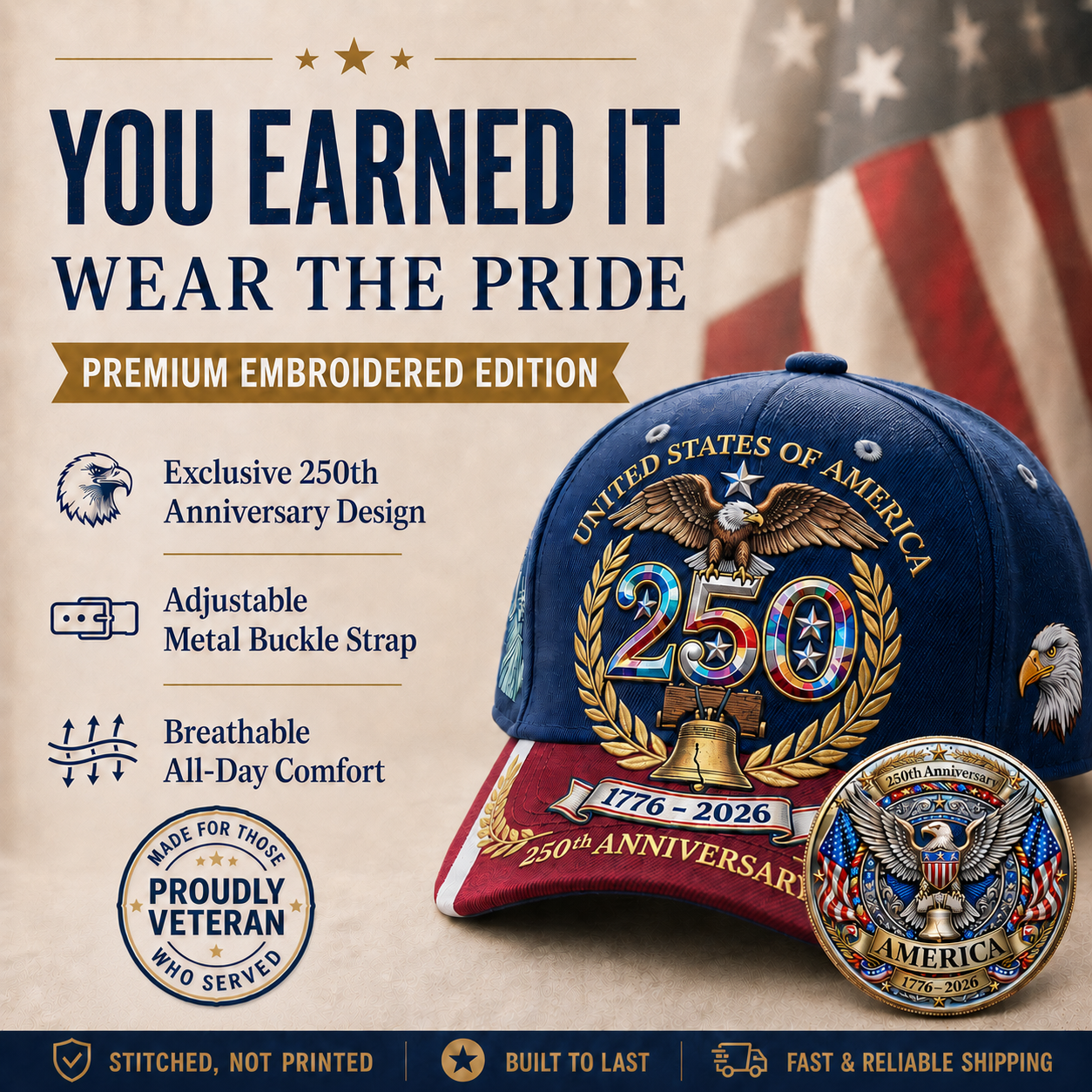 UNITED STATES OF AMERICA 250TH ANNIVERSARY LIMITED EDITION CAP 🎁 Free 250th Anniversary Commemorative Coin With Every Cap Purchase