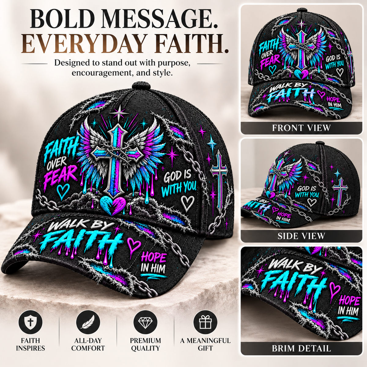 Faith Over Fear Winged Cross God Is With You Cap ✝️✨