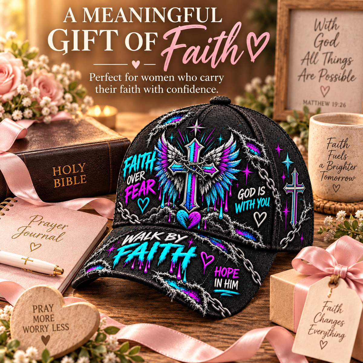 Faith Over Fear Winged Cross God Is With You Cap ✝️✨