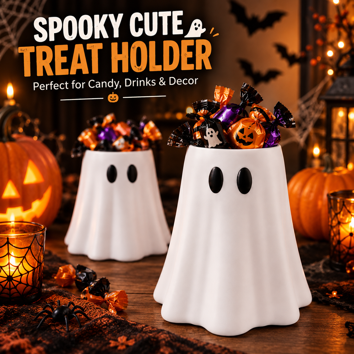 Witch Ghost Can Holder for 12oz Cans, Removable Hat with Straw Hole