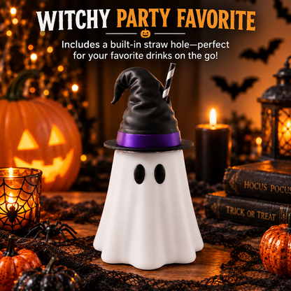 Witch Ghost Can Holder for 12oz Cans, Removable Hat with Straw Hole