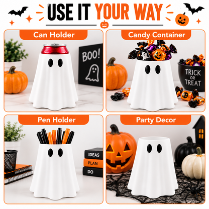 Witch Ghost Can Holder for 12oz Cans, Removable Hat with Straw Hole