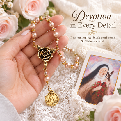 🌹 St. Thérèse “Little Flower” Rose Novena Chaplet – Blush Pearl Prayer Beads