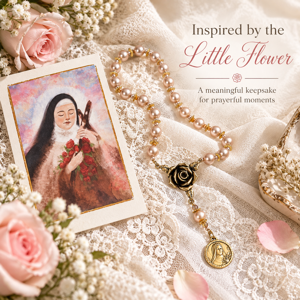 🌹 St. Thérèse “Little Flower” Rose Novena Chaplet – Blush Pearl Prayer Beads