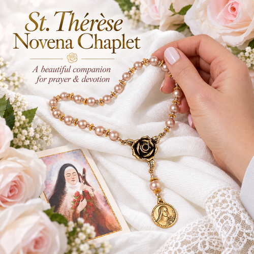 🌹 St. Thérèse “Little Flower” Rose Novena Chaplet – Blush Pearl Prayer Beads