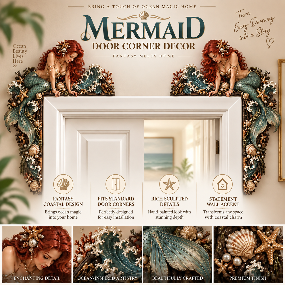 🧜‍♀️ 🐚 Beautiful Mermaid Door Corner 🌊 Waves & Seashells Fantasy Wall Decor