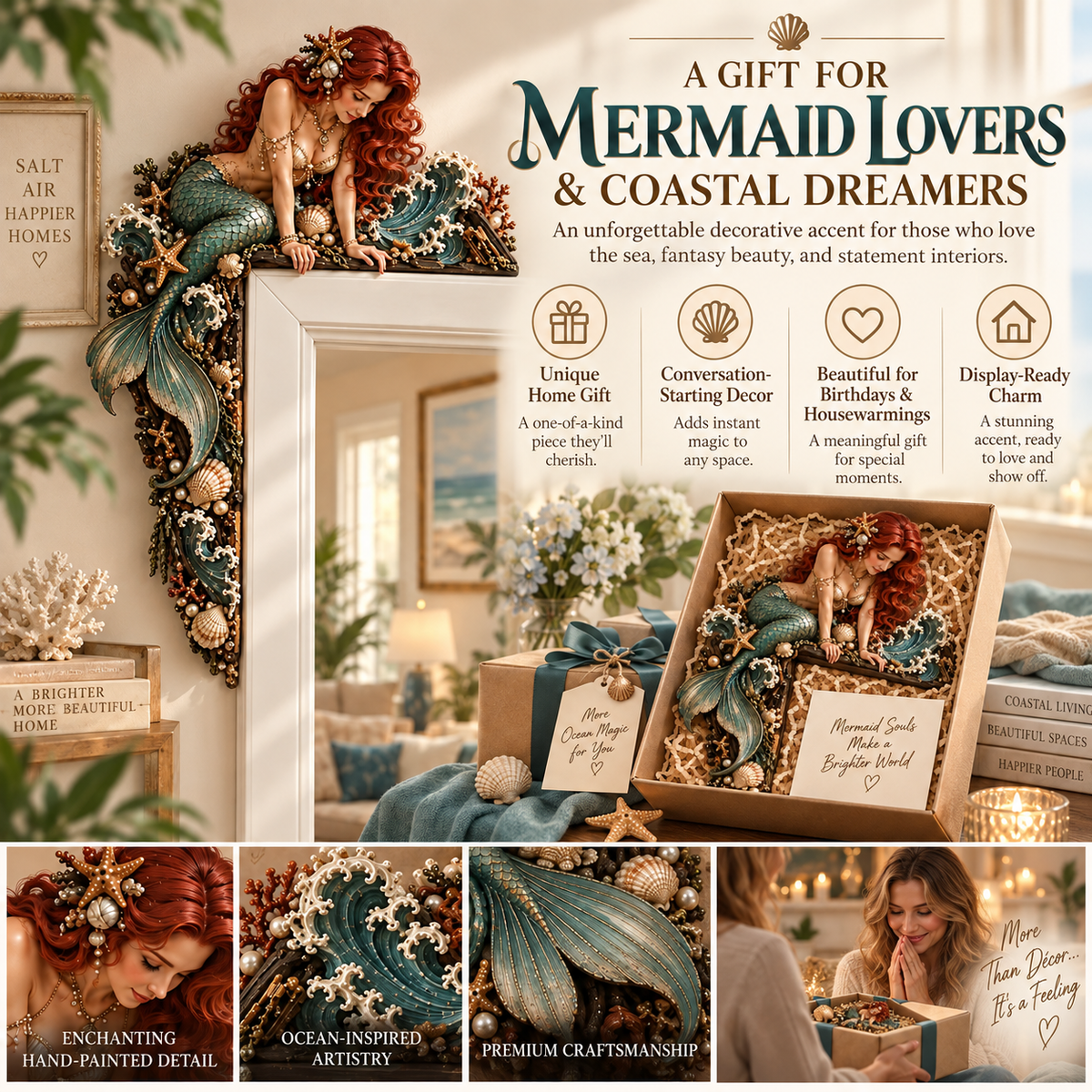 🧜‍♀️ 🐚 Beautiful Mermaid Door Corner 🌊 Waves & Seashells Fantasy Wall Decor