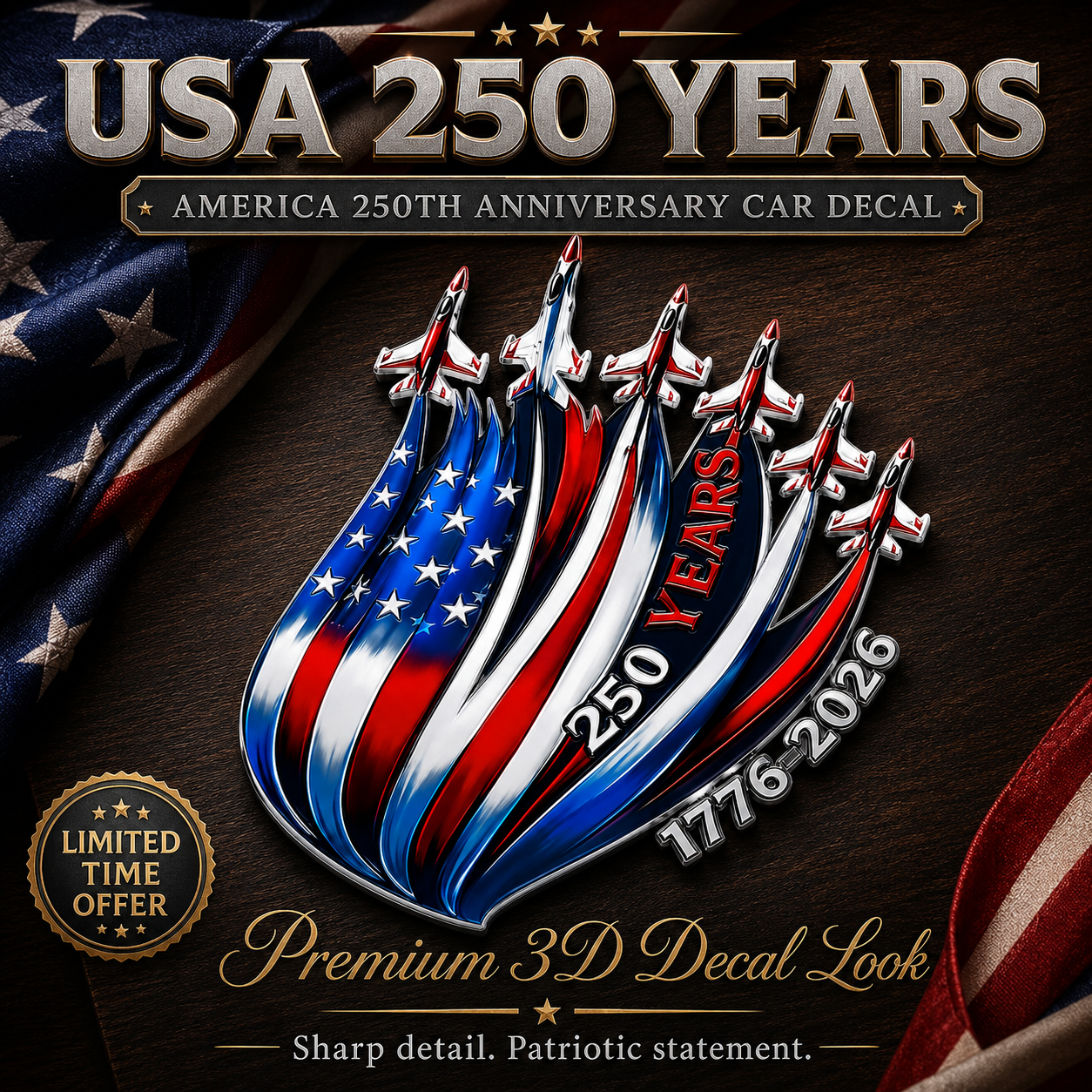 🇺🇸 250th Anniversary Freedom Flight Metal Emblem – 1776–2026 Patriotic Car Badge