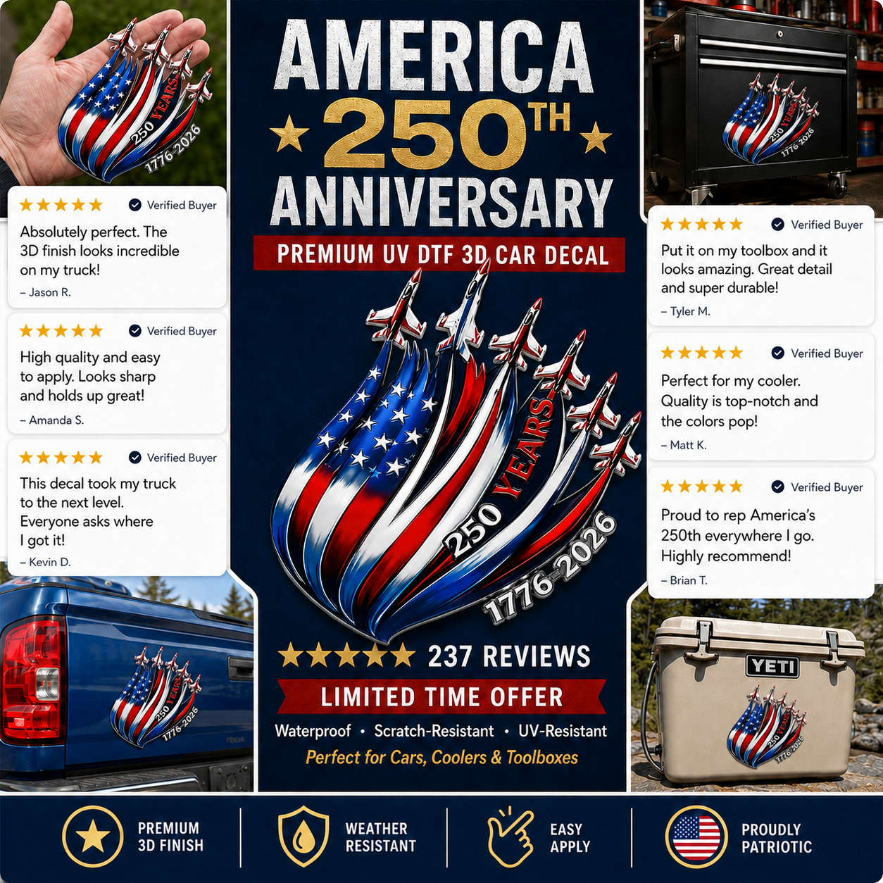 🇺🇸 250th Anniversary Freedom Flight Metal Emblem – 1776–2026 Patriotic Car Badge