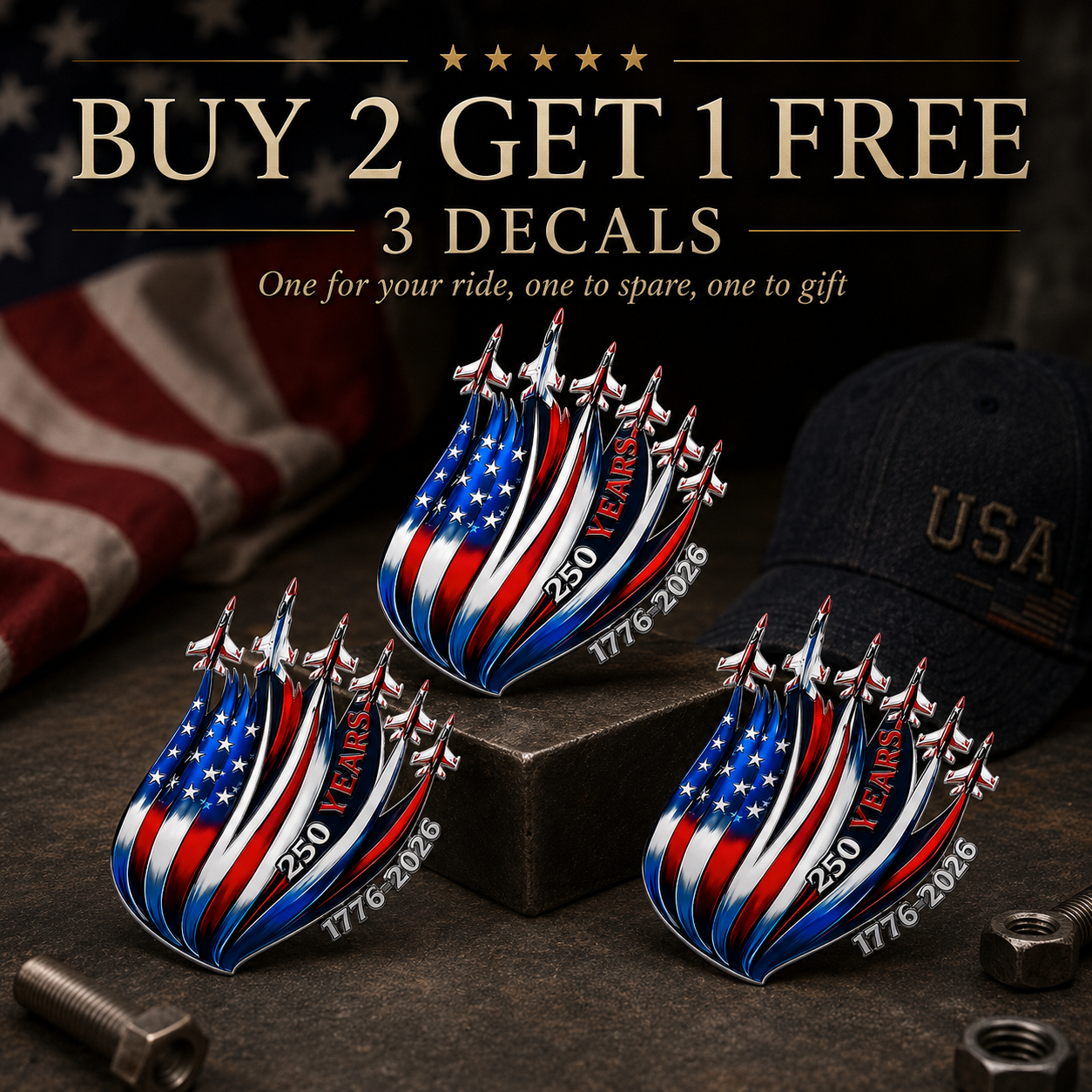 🇺🇸 250th Anniversary Freedom Flight Metal Emblem – 1776–2026 Patriotic Car Badge