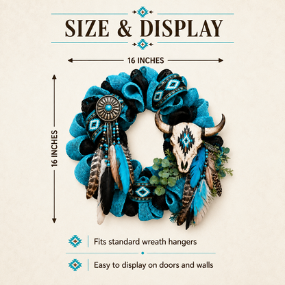 Southwestern Spirit Handcrafted Wreath – Rustic Longhorn Skull & Feather Door Décor