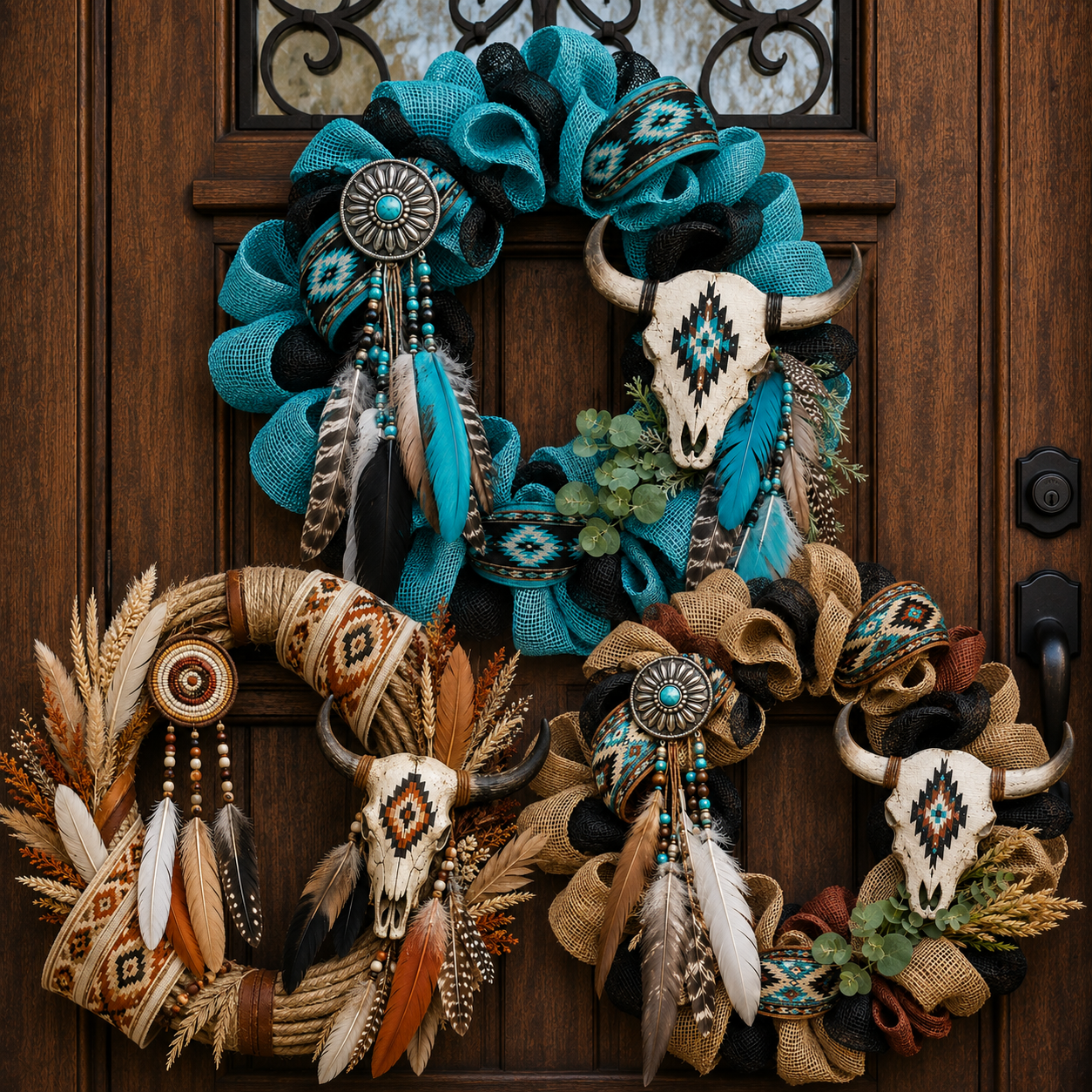 Southwestern Spirit Handcrafted Wreath – Rustic Longhorn Skull & Feather Door Décor
