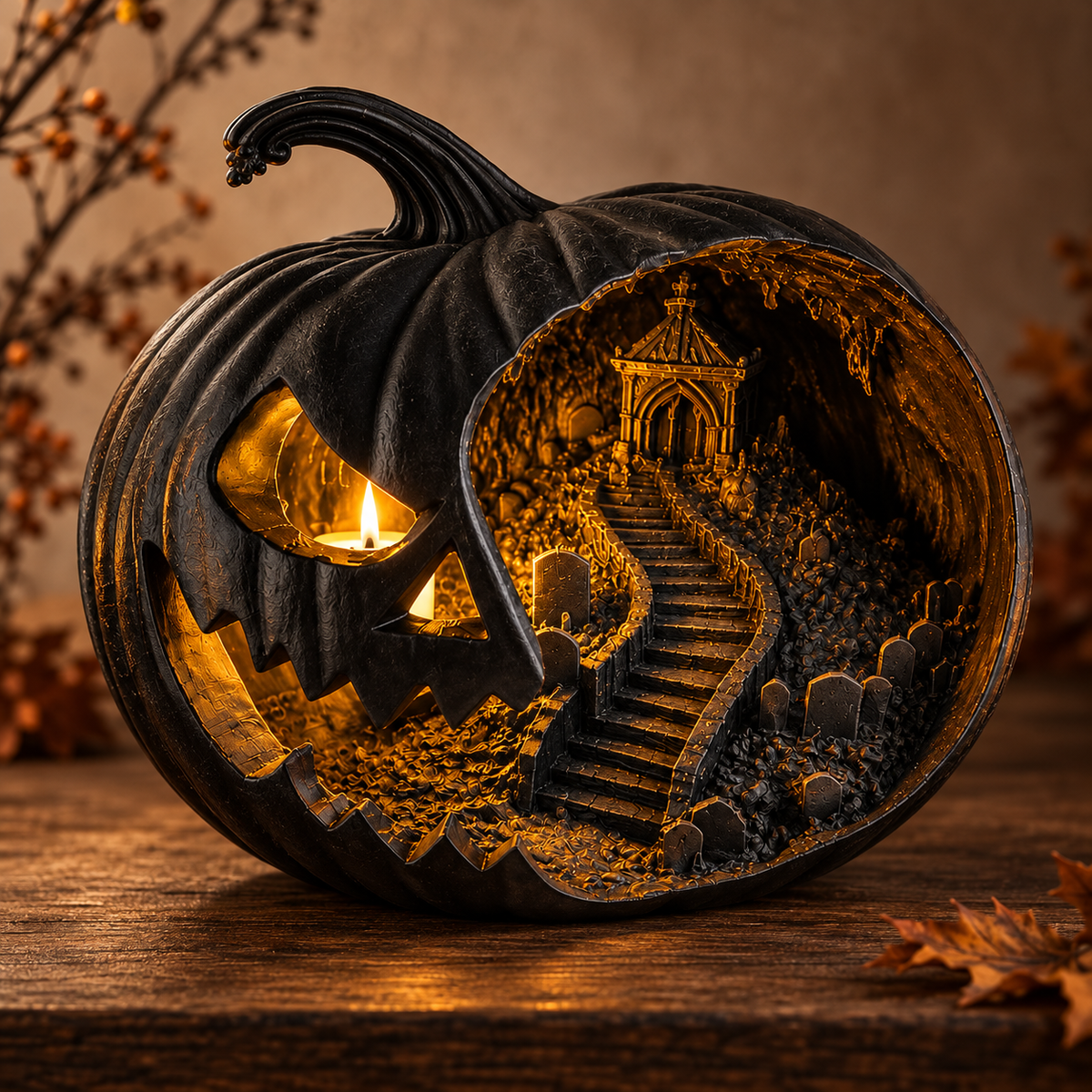 Haunted Pumpkin Lantern, Gothic Jack O Lantern, Spooky Cemetery Scene, Halloween Decor