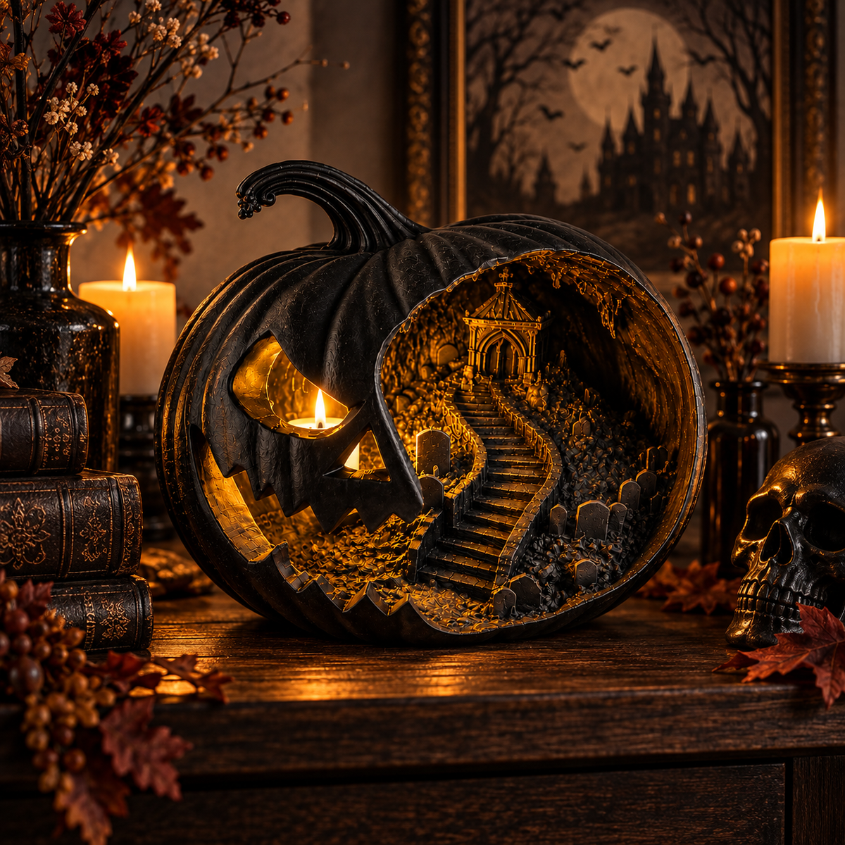 Haunted Pumpkin Lantern, Gothic Jack O Lantern, Spooky Cemetery Scene, Halloween Decor