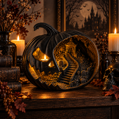 Haunted Pumpkin Lantern, Gothic Jack O Lantern, Spooky Cemetery Scene, Halloween Decor
