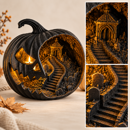 Haunted Pumpkin Lantern, Gothic Jack O Lantern, Spooky Cemetery Scene, Halloween Decor