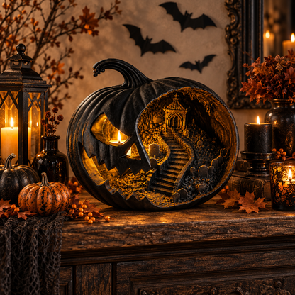 Haunted Pumpkin Lantern, Gothic Jack O Lantern, Spooky Cemetery Scene, Halloween Decor